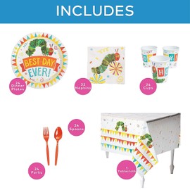 129 Piece World of Eric Carle The Very Hungry Caterpillar Party Tableware Kit for 24 Guests, Includes Plates, Napkins, Tablecloth and Silverware