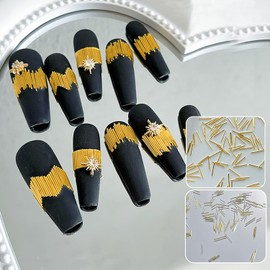 SILPECWEE 1200Pcs Metal Reflective Thin Strip 3D Nail Charms Silver Gold Nail Reflective Silk Straight Rods Nail Rivet Shinny Nail Art Studs Charms for Nail Decoration Craft Supplies