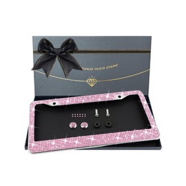 XCLPF Pink Bling License Plate Frames for Women,Handcrafted Clear Glass Diamond Rhinestone Crystals,Sparkly Premium Stainless Steel License Plate Framefor Girls,Glitter Diamond