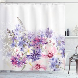Ambesonne Lavender Shower Curtain, Pastel Cornflowers Bridal Classic Design Gentle Floral Wedding Design Print, Cloth Fabric Bathroom Decor Set with Hooks, 75" Long, Violet Pink