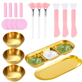 23 Pcs Esthetician Facial Supplies, Face Mask Mixing Set Include 3 Stainless Steel Gold Facial Bowls Serving Tray 3 Compartment Serving Tray 3 Facial Fan Brushes 3 Face Mask Brush 12 Sponge Compressed