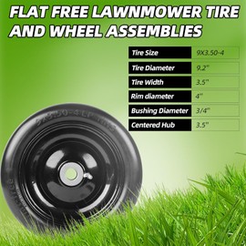 (4-Pack) 9x3.50-4” Flat Free Lawnmower Tire with 4" Centered Hub, 3/4" Bushings and Wheel Assemblies - PU Tire on Wheel and Adapter Kits