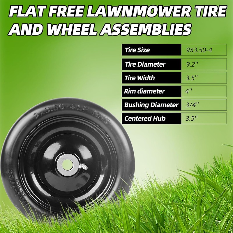 (4-Pack) 9x3.50-4” Flat Free Lawnmower Tire with 4" Centered Hub,