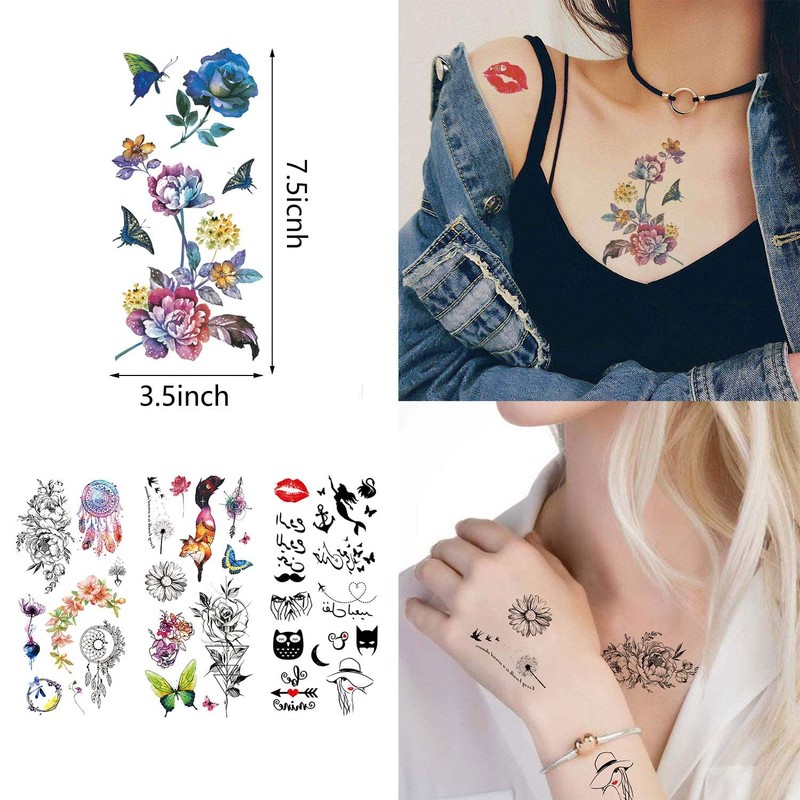 60 Sheets Waterproof Butterfly Flower Temporary Tattoos Stickers for Women,Multiple