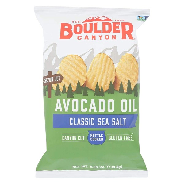 Boulder Canyon Avocado Oil Kettle Cooked Potato Chips, Sea Salt, Wavy Cut, 5.25 oz. Bag, 12 Count – Crunchy Chips Cooked in 100% Avocado Oil, Perfect for Dipping, Great for Lunches or Snacks