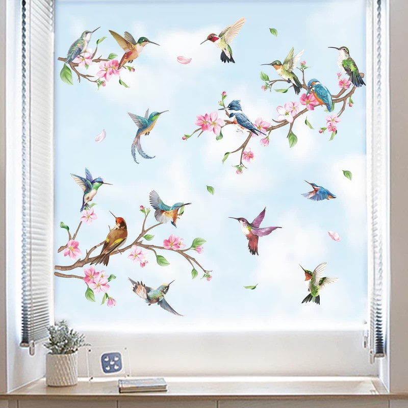 decalmile Hummingbirds Spring Double Sided Window Clings Flowers Branch and