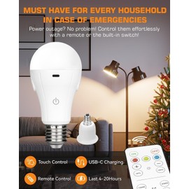CordlessGlow 15W E12 Rechargeable Light Bulbs with Remote, 3 Color Temperatures and Dimmable Battery Light Bulb, Touch Control + 4 Timing + USB Rechargeable Battery Powered Light Bulb, 2Pack
