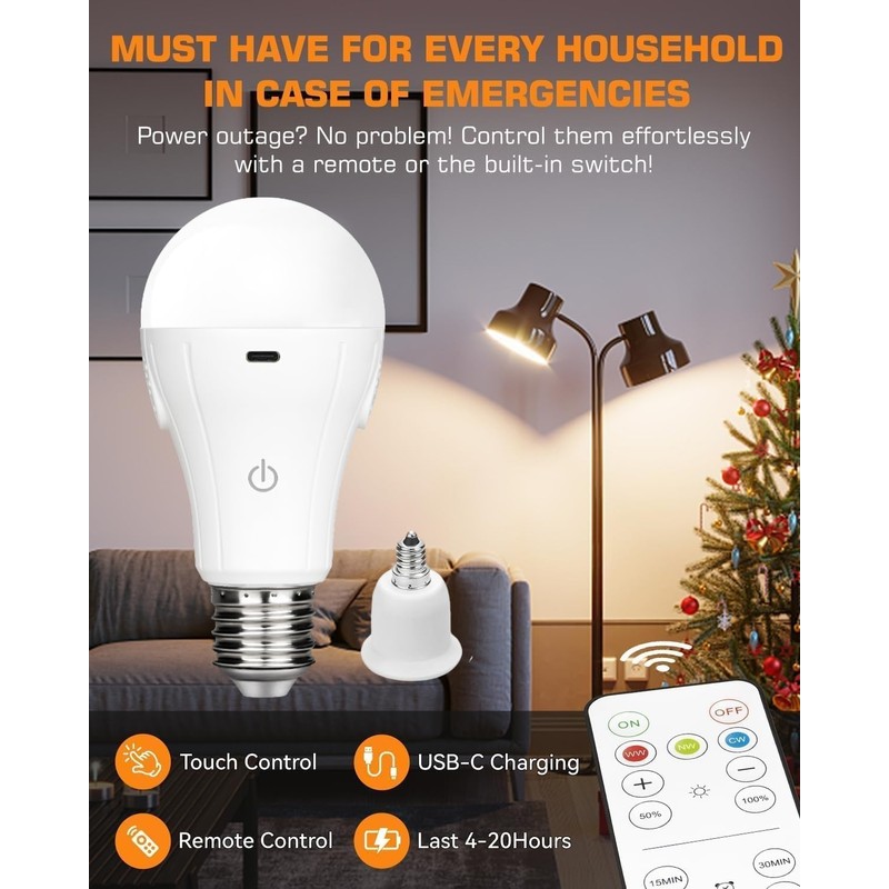 CordlessGlow 15W E12 Rechargeable Light Bulbs with Remote, 3 Color