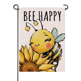 Artofy Spring Summer Bumble Bee Sunflower Small Decorative Garden Flag, Bee Happy Flower Floral Yard Lawn Outside Decor, Honeybee Seasonal Burlap Outdoor Home Decoration Double Sided 12 x 18