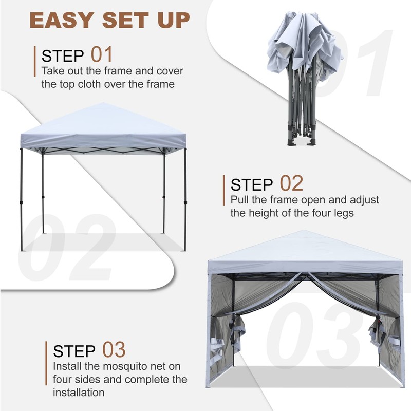 MASTERCANOPY Pop-Up Setup Outdoor Canopy with Netting Screen Walls (8x8,