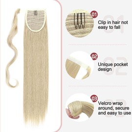 Wrap Around Ponytail Extension Wrap Pony Tail Hair Extension One Piece Long Straight Clip In On Ponytail Hairpiece Wavy Synthetic Magic Paste Soft Silky (23"Straight,Ash Blonde Mix Bleach Blonde)