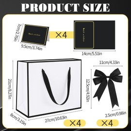 4 PCS White Gift Bag Medium, Birthday Gift Bag with 4 Bow 4 Cards for Women Girls Boys Birthday Valentines Bridesmaid Wedding Party (27 * 21 * 8 cm)
