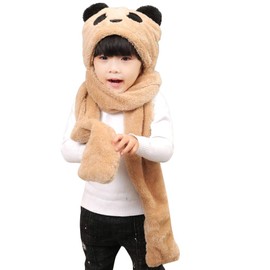 Girls Boys Furry Panada Winter Hat with Scarf Gloves Set 3 In 1 Hoodie Hat Soft Fluffy Plush Warm Hat Thermal Fleece Earflaps Snood Scarf Hat Children Girls Hats and Scarves for 1-7 Years Old