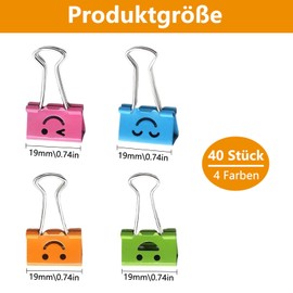 Yuiturt Pack of 40 Foldback Clips, 19 mm Coloured Paper Clips with Cute Smiling Face, Metal Clips, Smiley Colourful Smile Clips, Binder Clips, Paper Clips