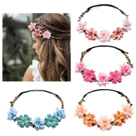 DANRENPANG Flower Crown for Women Girls, Floral Headbands Elastic Boho Hair Wreaths Tiaras for,Suitable Brides, Bridesmaids, Flower Girls, Weddings Elasticity (Set 1, 4PCS)