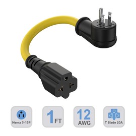 1-FT 12AWG Right-Angle 15 Amp Household AC Plug to 20-Amp Adapter Cable,Nema 5-15P to 5-20R,5-15P to 6-15R/20R T-Blade 20Amp to 15Amp 90-Degree Plug Adapter Cable,125V 15A to 250V 20A Extension Cord