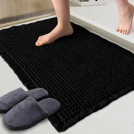 ZALL Waffle Bath Mat Black Super Absorbent Non Slip Bathroom Rug,Rhombus Geometric 24x48inch,Machine Washable Ultra Soft Floor Mats