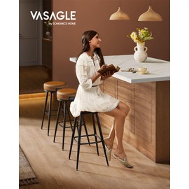 VASAGLE EKHO Collection - Swivel Bar Stools Set of 2, Bar Height Backless Bar Stools, Synthetic Leather with Stitching, Mid-Century Modern, 30-Inch Tall Kitchen Barstools for Home Bar, Caramel Brown