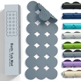 Webos Bathtub Mat Non Slip: Extra Long Rubber Bath Mat for Tub with Strong Suction Cups 15.4" x 37.8" Anti Slip Shower Mat, Big Drain Holes Bathroom Mats for Tub & Shower, Circle-Grey