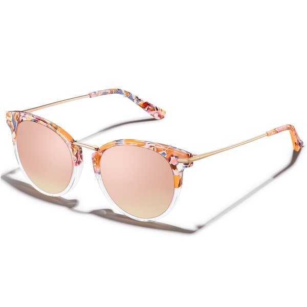 CARFIA Pink Mirrored Acetate Cat Eye Sunglasses for Women Polarized