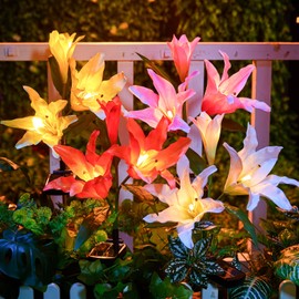 Brightown Outdoor Solar Garden Lights - 4 Pack LED Solar Flower Lights with Larger & More Realistic Lily, Bigger Solar Panel, Waterproof Solar Lights for Outside Yard Patio Garden Decorations