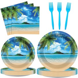 96Pcs Beach Party Plates and Napkins for Summer Tropical Birthday Party Supplies Hawaiian Beach Ocean Paper Dessert Plates Hawaiian Tropical Tableware Set for Kids 24 Guests Birthday Decorations