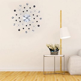 Crystal Wall Clock Sparkling Bling Diamond Studded Silver Wall Clock Metallic Silver Wall Clock Crystal Clock Wall Decor for Living Room Bedroom Office(Silver and Balck)