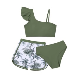 ESHOO Girls Swimsuit Ruffled Bikini Set 3 Piece Spaghetti Strap Bathing Suit Shorts Cover Up for Teen Girl's Swimwear 9-16T