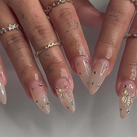 24 Medium Almond False Nails with Rhinestone Butterfly and Star Patterns. Nude Stick Ons with Removable, Full-Cover, Glue Ons. Perfect for Women and Girls As Nail Accessories
