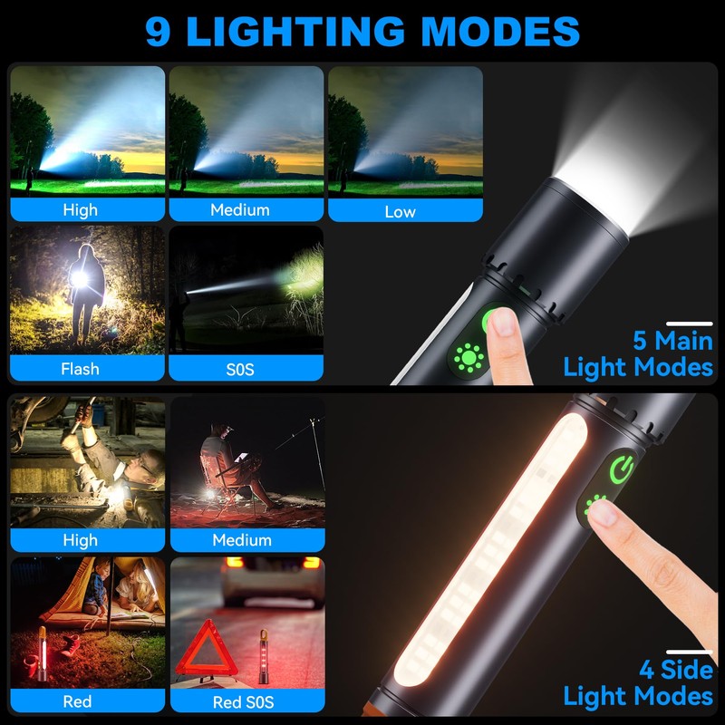 ADDplus Magnetic Flashlight Rechargeable,2000LM 5000mAh Flashlights High Lumens with 9