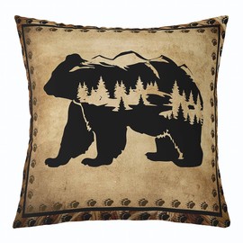Set of 4 Retro Bear Throw Pillow Covers,Cabin Deer Hunting Cushion Case for Home Living Room Decor, Reversible Farmhouse Wolf Animals Brown Yellow Decorative Throw Cushion Case, 18x18 Inches