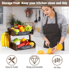 Briwooody 2 Tier Fruit Basket for Kitchen Counter Organizer with Banana Hangers Wooden Fruit Basket Kitchen Counter Storage Holder for Onion Potato Bread Vegetable Organize(11.8 x 9.1 x 10.6 Inches)