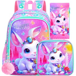 ZLYERT 3Pcs Bunny Backpack for Girls, 16" Kids Bookbag for Elementary Preschool Kindergarten, School Backpacks with Lunch Box(Pink)