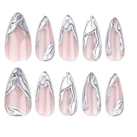French Tip Press on Nails, 24Pcs Long Almond Press on Nails with Design, 3D Silver French tip press on nails Glue on Nails Tips for Women, Reusable Daily False Nail Kits
