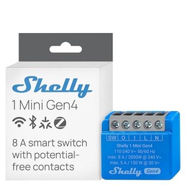 Shelly 1 Mini Gen4 – Módulo interruptor inalámbrico Matter, Zigbee y Wi-Fi, 1 canal 8 A, Contactos secos, Relé abrepuertas de garaje, Control por aplicación y Alexa, Google, Apple HomeKit