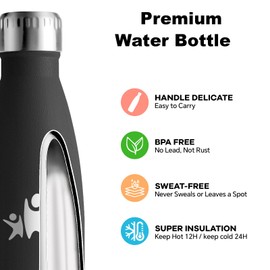 Stainless Steel Drinking Bottle, 0.5 Litres, BPA-Free, Thermos Flask, Double-Walled Vacuum Insulated, Leak-Proof, Drinking Bottle, Black, Water Bottle for School, Travel, Camping