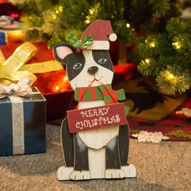 glitzhome Christmas Table Decoration 16 Inches Wood Dog Ornaments for Christmas Table Decor Country Boston Terrier Home Decor Rustic Xmas Desk Decoration