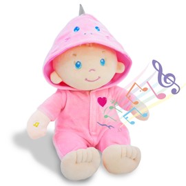 June Garden 12" Musical Sweet Dolly Dinopuff - Interactive Stuffed Ultra Soft Talking Baby Doll for Birth and Up - Removable Pink Dinosaur Outfit
