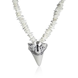 White Puka Shell Shark Tooth Adjustable Chain Necklace Hawaiian Seashell for Women Men Beach Necklaces Clam Chips Surfer Conch Handmade Bohemian Summer Imitation Cool Fossil Shark-White