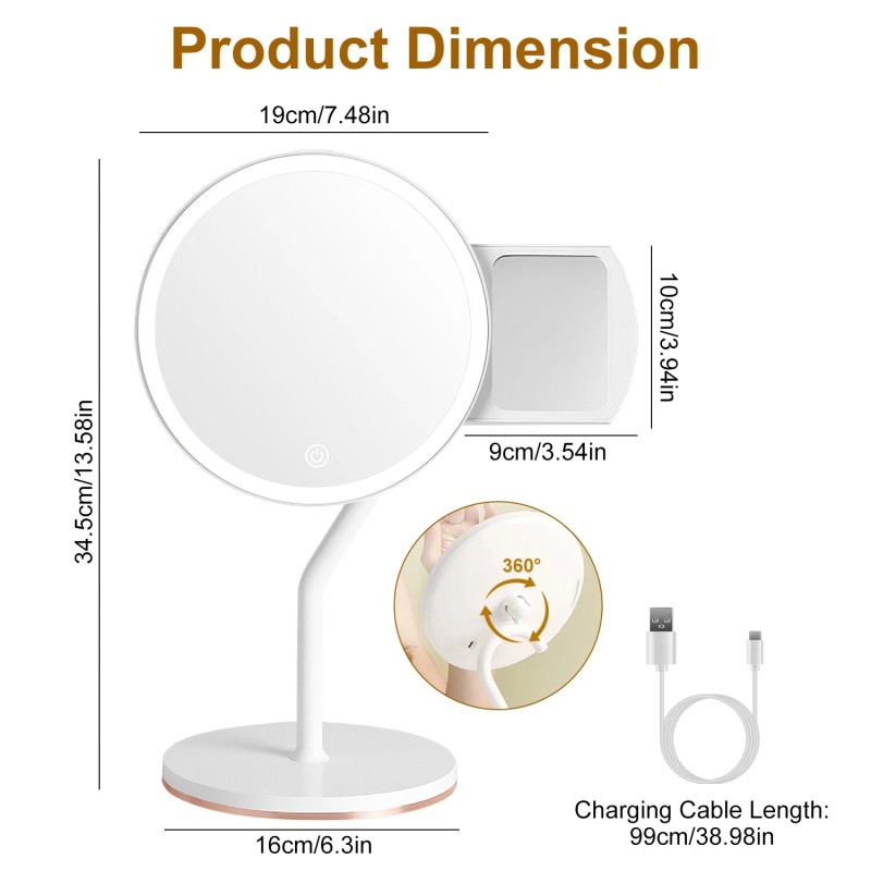 Laromni 5X Magnifying Lighted Makeup Mirror USB Rechargeable Dimmable Vanity