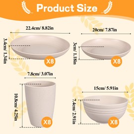 32 Pcs Wheat Straw Dinnerware Sets Unbreakable Dinnerware Plastic Plates Reusable Tableware Plates and Bowls Sets, Microwave Dishwasher Safe Plates Bowls Cups