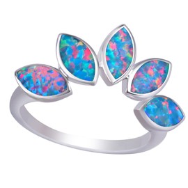 KELITCH Rings for Women Girls Leaf Blue Opal Stacking Ring 925 Sterling Silver Plated Woman Jewellery - Size PQ, Bead, No-Gem-Tye