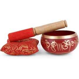 Tibetan Meditation Om Mani Singing Bowl / Cushion / Mallet (4 Inch, RED )