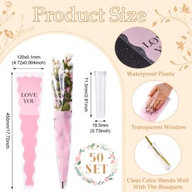 Craftdady 50Pcs Flower Wrapping Bags 17.72 x 4.72 Inch Pink Single Floral Sleeve with Flower Water Tube Clear Plastic Flower Bouquet Packing Bags for Festival Wedding Florist Bouquet Supplies