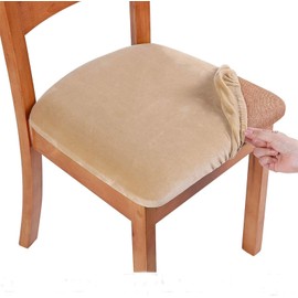 smiry Stretch Chair Seat Covers for Dining Room, Velvet Dining Chair Seat Protectors Chair Slipcovers, Set of 1, Beige