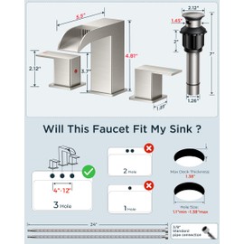 FORIOUS Bathroom Faucets 3 Hole Brushed Nickel, Waterfall 8 Inch Widespread Bathroom Sink Faucet with Metal Pop-up Drain and Supply Lines, Two Handles for Vanity, Lavatory, Restroom