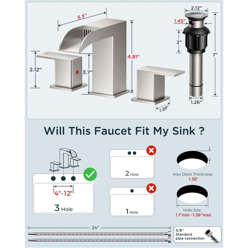 FORIOUS Bathroom Faucets 3 Hole Brushed Nickel, Waterfall 8 Inch