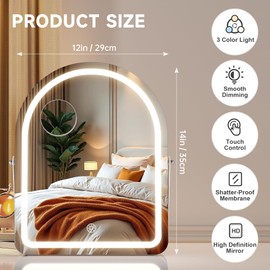 MINISO Vanity Mirror with Lights-12" x 14" Arched Makeup Mirror with 3 Color Lights, Adjustable Brightness,10X Magnification, 360°Rotation