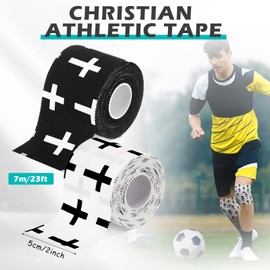 TrelaCo 2 Pcs Christian Cross Athletic Tape 2in x 23ft Cotton Sport Athletic Tape with Cross Logo for Fingers Ankles Wrist Injury Wrap, Football Baseball Hockey Soccer (White,Black)