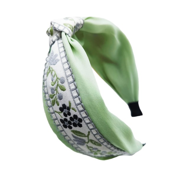 OUTVIE Boho Knotted Green Headband with Handmade Lace Embroidery Floral